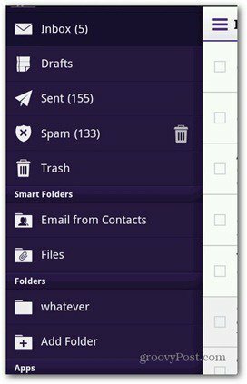 Yahoo Mail Android menüsü