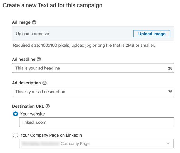LinkedIn metin reklamı nasıl oluşturulur, adım 12, reklam metni ayarları