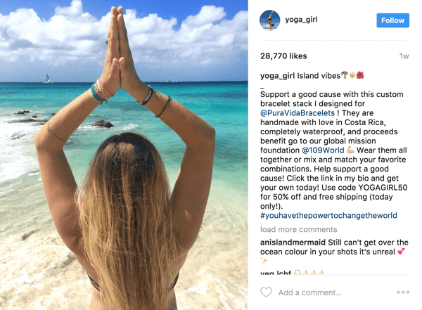 Bu ücretli etkileyici gönderisinde Pura Vida, Rachel Brathen'in (yoga_girl) 2,1 milyon takipçisinden yararlanabildi ve özel bir kupon aracılığıyla yatırım getirisini takip edebildi.