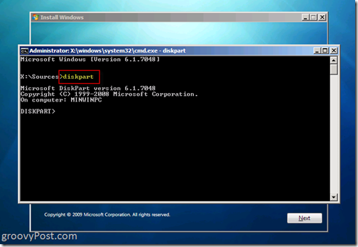 Windows 7 Yerel VHD VHD dosyası oluşturmak için CMD İsteminden Çift Önyükleme Başlat Diskpart 6.1.7048'i yükleyin