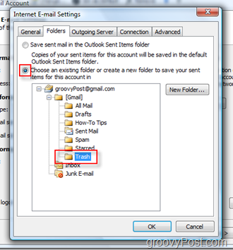 Outlook 2007'de iMAP Hesabı için GÖNDER posta klasörü kur:: Çöp Kutusunu Seç
