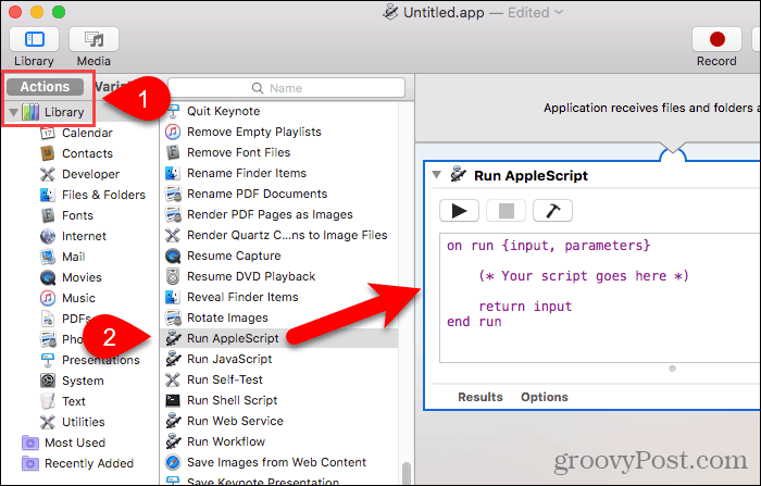 AppleScript'i Çalıştır'ı Automator'daki iş akışı paneline sürükleyin