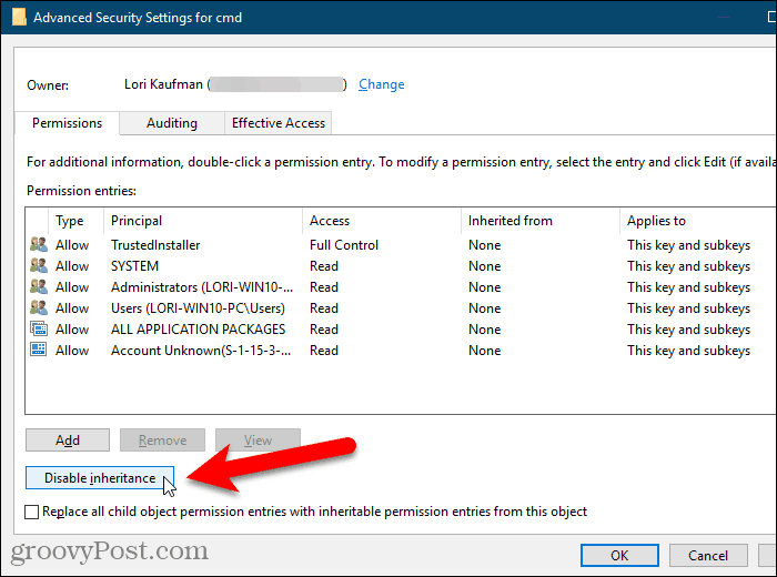 Windows Kayıt Defteri'ndeki Gelişmiş Güvenlik Ayarları iletişim kutusunda Devralmayı devre dışı bırak'ı tıklatın.