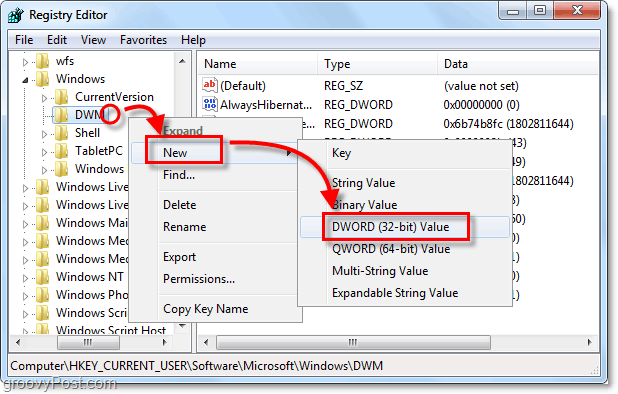 Windows 7'de yeni bir dwm dword anahtarı oluşturun