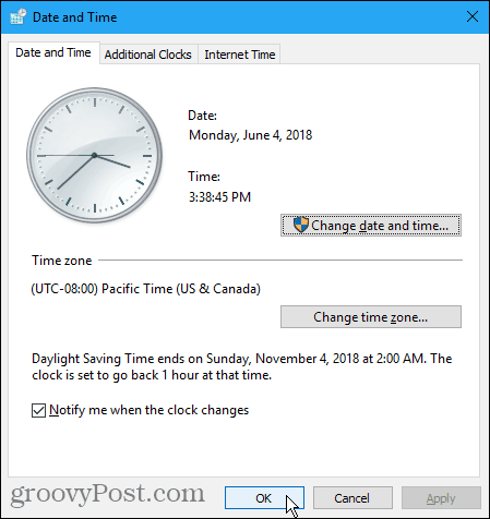 Windows'ta Tarih ve Saat iletişim kutusu