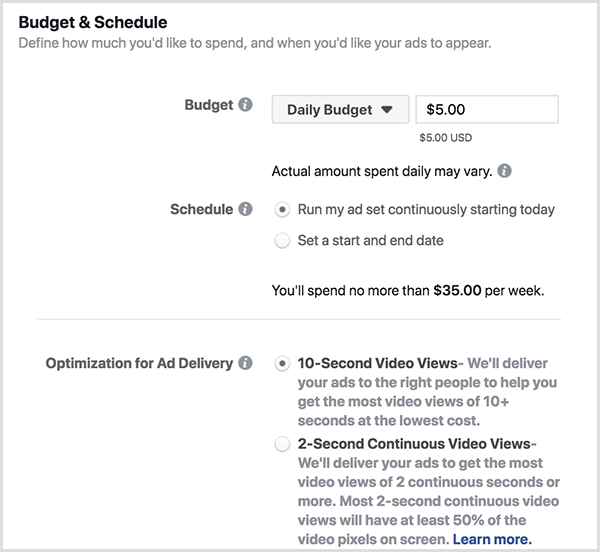 Facebook reklam bütçesi ve zamanlama seçenekleri, Günlük Bütçe ve 10 Saniyelik Görünümleri içerir.