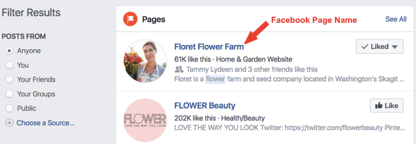 Arama sonuçlarında Floret Çiçek Çiftliği adlı Facebook sayfası örneği.