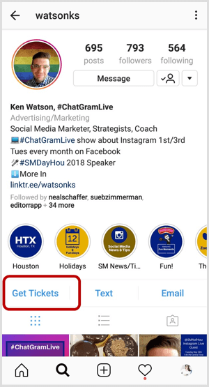 işletme profilinde Instagram eylem düğmesi örneği