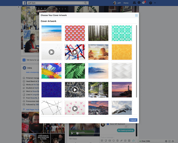 Facebook artık kullanıcıların Artwork kitaplığından bir profil kapak resmi için bir video seçmelerine izin veriyor. 