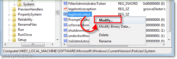 Windows 7 başlangıç ​​iletisi oluşturmak için legalnoticetext'i değiştirin
