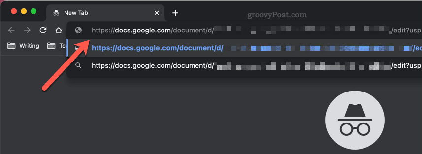 Bir Google Dokümanlar paylaşım bağlantısını bir Google Chrome gizli pencere adres çubuğuna yapıştırma