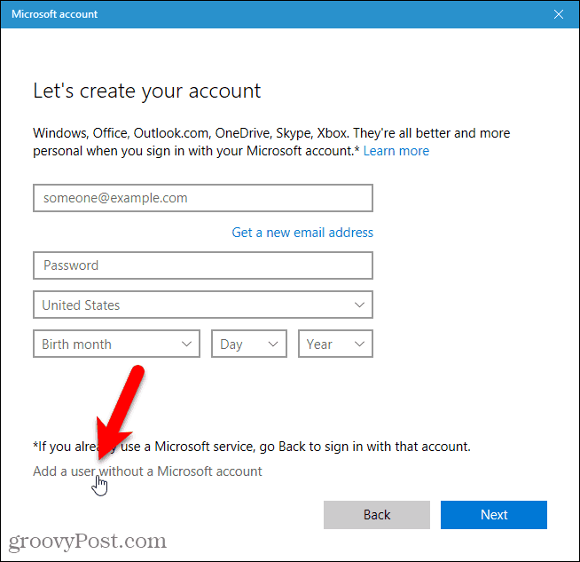 Microsoft hesabı olmayan bir kullanıcı ekleme