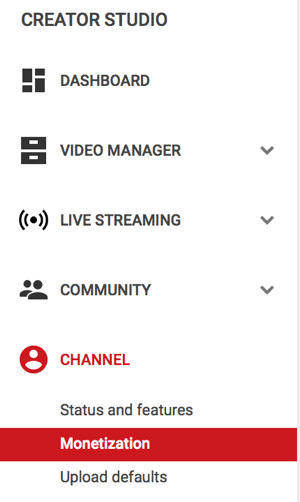 youtube'daki kanalın altındaki para kazanma menü seçeneği