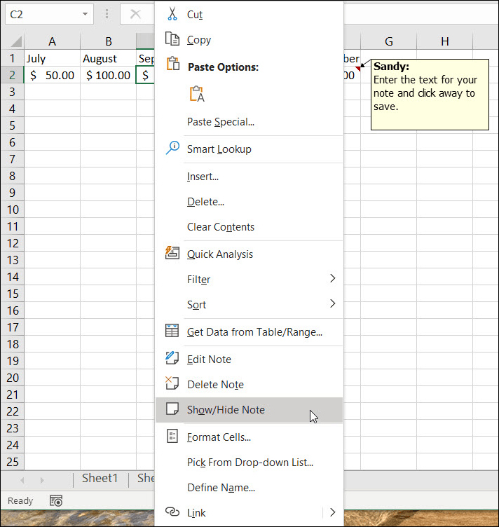 Excel'de Notları Göster veya Gizle