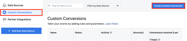 Facebook pikseliniz için özel dönüşümler ayarlamak üzere Facebook Etkinlik Kurulum Aracı, adım 10, menü seçeneğini kullanın 