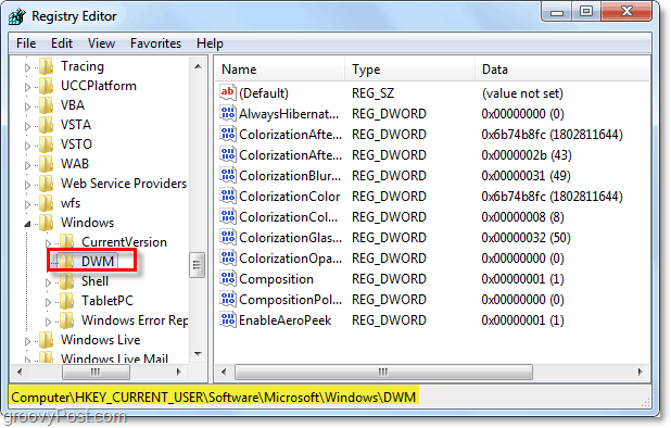 Windows 7'de DWM kayıt defteri anahtarını açın