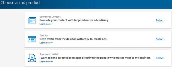 Oluşturmak istediğiniz LinkedIn reklamı türünü seçin.