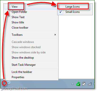 Windows 7'de görev çubuğu araç çubuğu için büyük simgeler göster