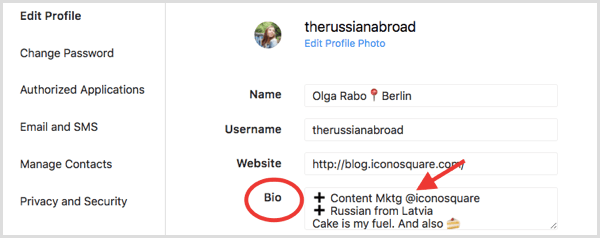 Instagram profili için Profili Düzenle bölümündeki Bio alanı