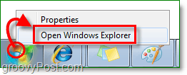 Windows 7 explorer'a girmek için başlangıç ​​küresine sağ tıklayın ve Windows explorer'ı aç'a tıklayın.
