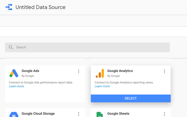 Facebook reklamlarınızı analiz etmek için Google Data Studio'yu kullanın, 2. adım, veri kaynağınız olarak Google Analytics'i kullanma seçeneği