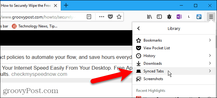 Windows için Firefox'ta Senkronize Sekmeler'i seçin