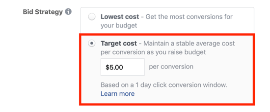 Facebook hedef maliyet teklifi seçeneği.