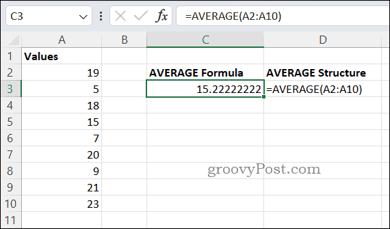 Excel'deki örnek ORTALAMA formülü