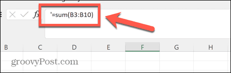 formülün başında excel kesme işareti