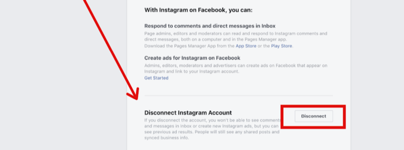 Facebook sayfası ayarlarında Instagram hesabının bağlantısını kesmek için 2. adım