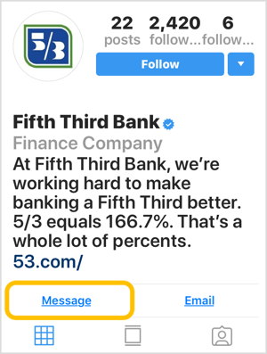 Mesaj harekete geçirici mesaj düğmesi olan banka için Instagram profili.