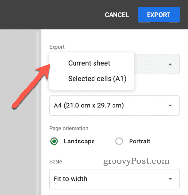 Google E-Tablolar'da PDF dışa aktarma için dışa aktarma seçeneğini belirleme