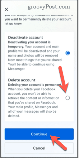 Mobil cihazda bir Facebook hesabını silmeyi seçme