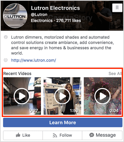 Son videoları gösteren bir Facebook sayfası önizlemesi.