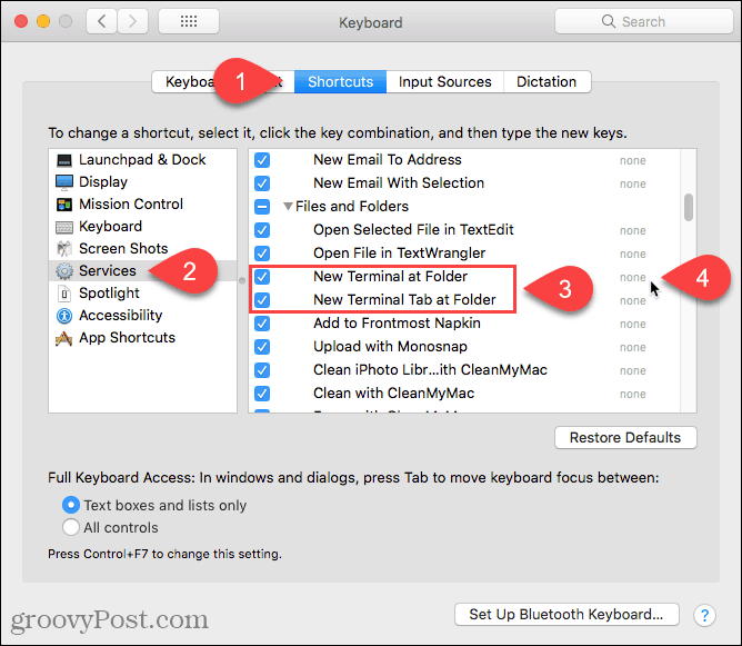 Mac'teki Klasördeki Yeni Terminal hizmetine kısayol eklemek için Yok'u tıklatın