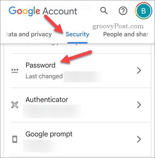 Google hesabı şifre ayarlarını açın