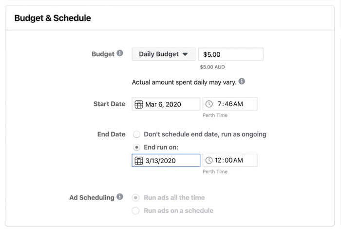 Facebook Reklam Yöneticisi'nde Reklam Kümesi düzeyinde Bütçe ve Planlama bölümü