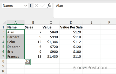 excel seçili adlandırılmış aralık