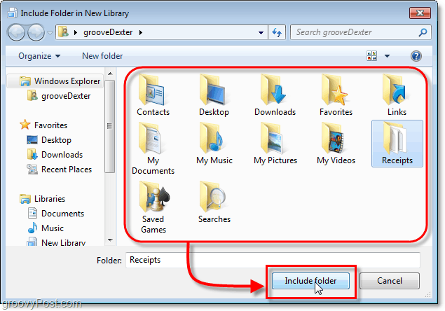 Windows 7 kitaplıklarına eklenecek bir klasör seçin