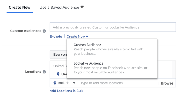 Facebook lider reklam kampanyası için özel bir kitle veya benzer bir kitle kullanma seçenekleri.