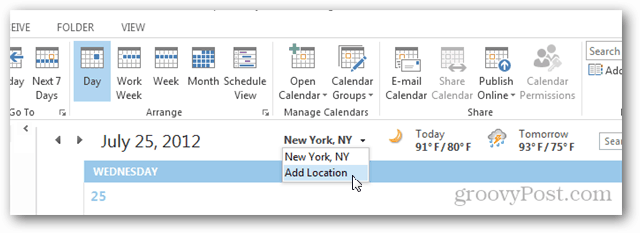 Outlook 2013 Takvim Hava Durumu Turu - Konum Ekle'yi tıklayın