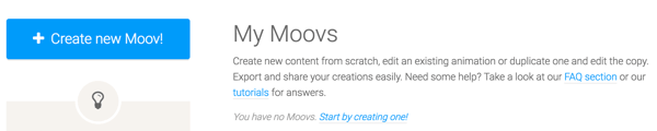 Moovly'yi kullanmaya başlamak için Yeni Moov Oluştur düğmesine tıklayın.