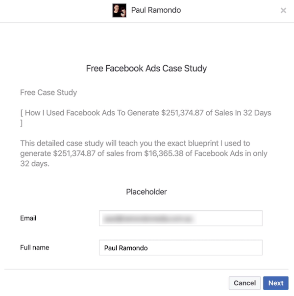 Facebook potansiyel müşteri formu önizlemesi
