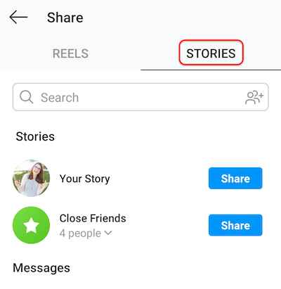 Makaraların hikayenizde veya yakın arkadaş listenizde paylaşılmasına olanak tanıyan hikayeler sekmesini gösteren instagram yayınlama ekranının ekran görüntüsü