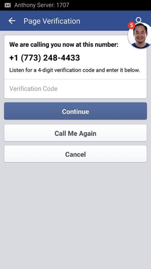 Facebook'tan aramayı bekleyin ve size verilen 4 basamaklı doğrulama kodunu yazın.