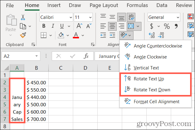 Excel'de metni yukarı veya aşağı döndürme