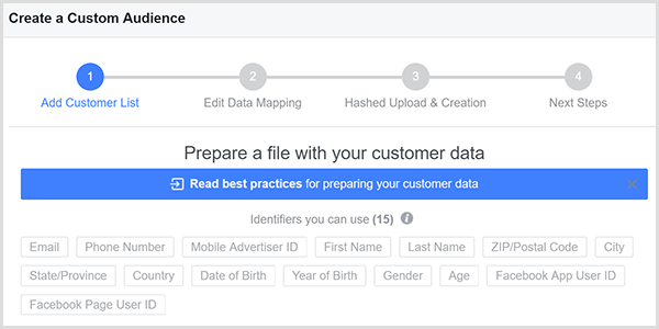 Facebook Özel Hedef Kitle Oluştur iletişim kutusunda müşteri verileriniz için 15 farklı eşleştirme noktası bulunur ve bu noktalar iletişim kutusundaki gri kutularda görünür.