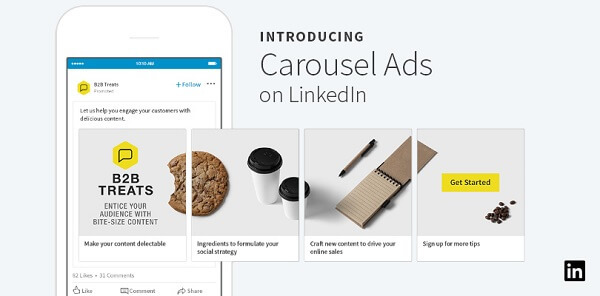 LinkedIn, Sponsorlu İçerik için 10 adede kadar özelleştirilmiş, kaydırılabilir kart içerebilen yeni atlıkarınca reklamları yayınladı.