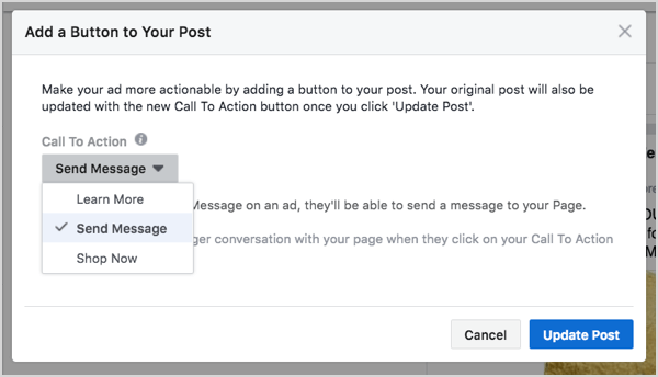 Reklam oluşturmada Facebook Messenger düğme seçimi.