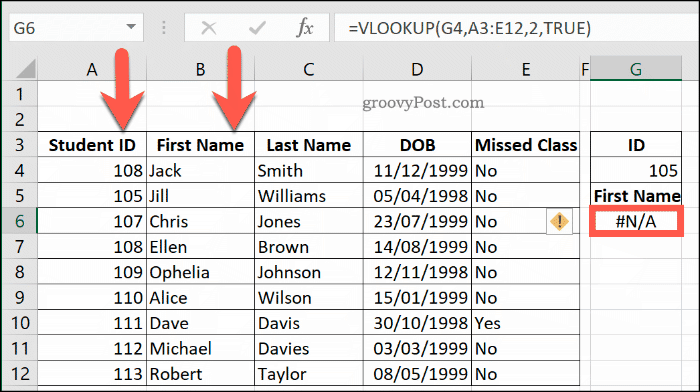 Veri aralığının düzgün sıralanmaması nedeniyle Excel'de DÜŞEYARA ile ilgili bir NA Hatası örneği